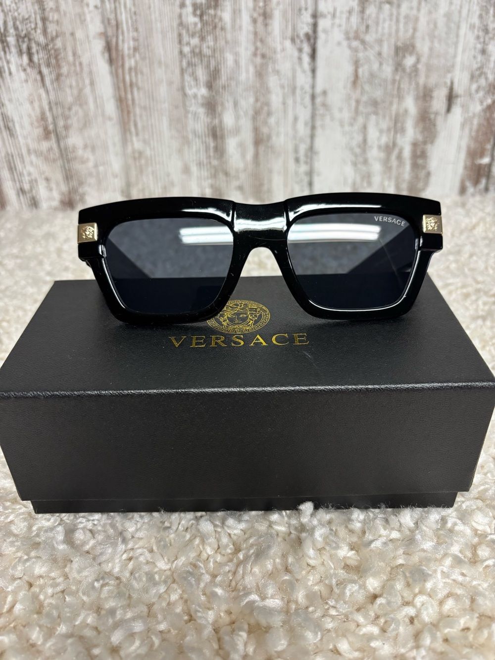 Versace Glossy Black Square Sunglasses with Gold Hardware